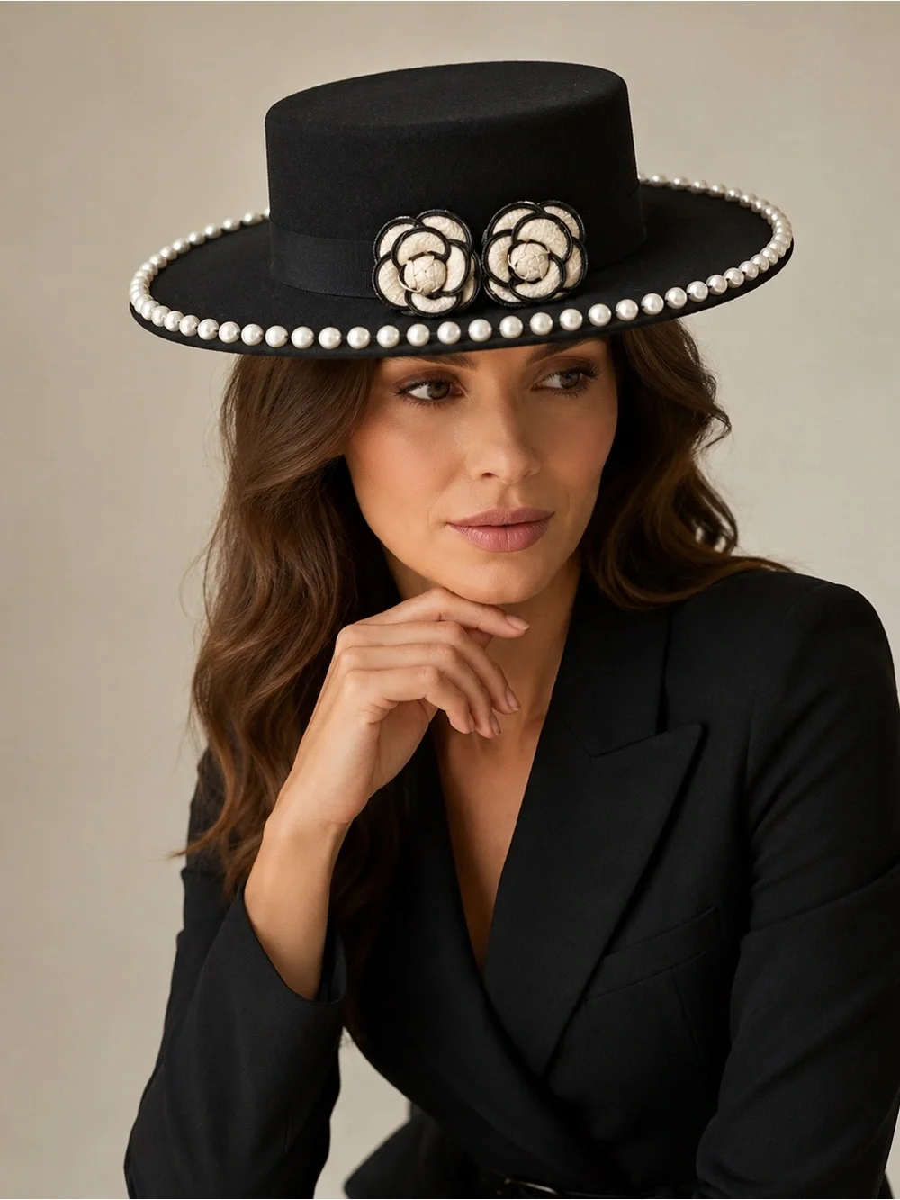 Black Wide Brim Hat with Faux Pearl Trim & Camellia Flowers | Hand-Decorated